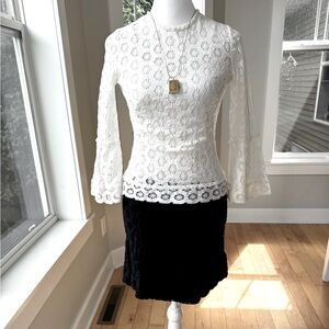 Vintage 60s Ivory Black Lace Two Piece Mini Dress Set Fits Size XS